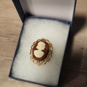 Elegant Gold and Red Cameo Brooch